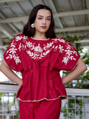 Red Embroidered Cotton Co-Ord Set
