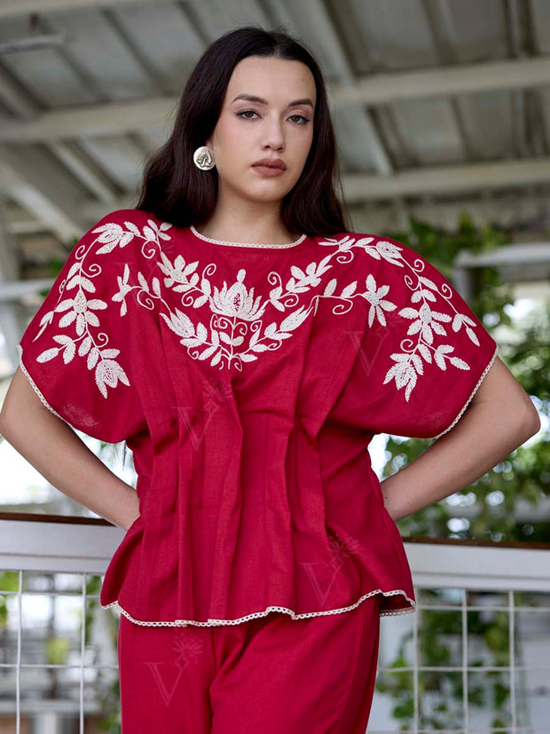 Red Embroidered Cotton Co-Ord Set