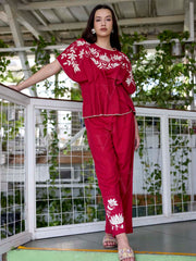 Red Embroidered Cotton Co-Ord Set