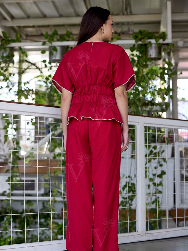Red Embroidered Cotton Co-Ord Set