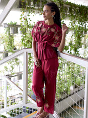 Wine Embroidered Cotton Co-Ord Set