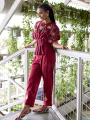 Wine Embroidered Cotton Co-Ord Set