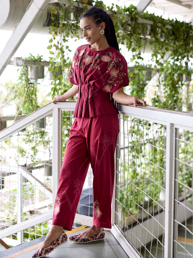 Wine Embroidered Cotton Co-Ord Set