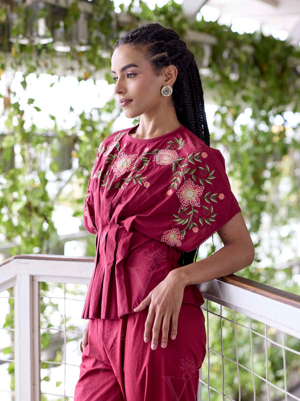 Wine Embroidered Cotton Co-Ord Set