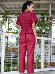 Wine Embroidered Cotton Co-Ord Set