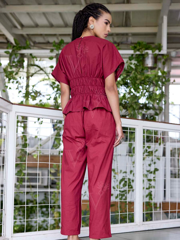 Wine Embroidered Cotton Co-Ord Set