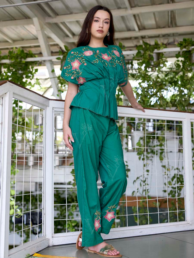 Green Embroidered Cotton Co-Ord Set