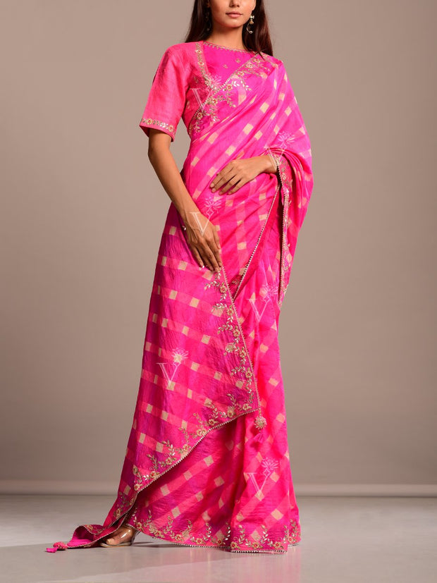 Hot Pink Silk Leheriya Gota Patti Saree