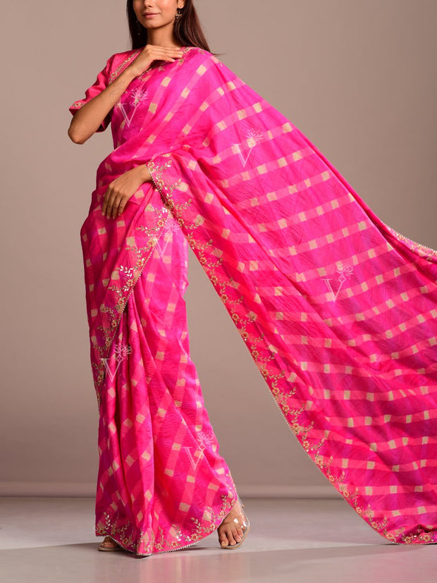 Hot Pink Silk Leheriya Gota Patti Saree