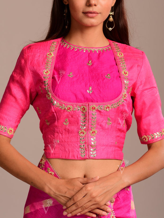 Hot Pink Silk Leheriya Gota Patti Saree