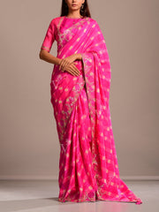 Hot Pink Silk Leheriya Gota Patti Saree