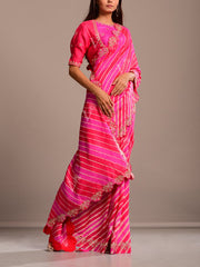 Pink And Coral Silk Leheriya Gota Patti Scalloping Saree