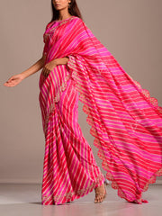 Pink And Coral Silk Leheriya Gota Patti Scalloping Saree