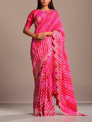 Pink And Coral Silk Leheriya Gota Patti Scalloping Saree