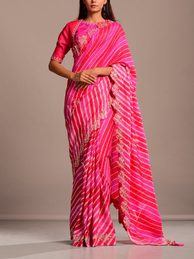 Pink And Coral Silk Leheriya Gota Patti Scalloping Saree