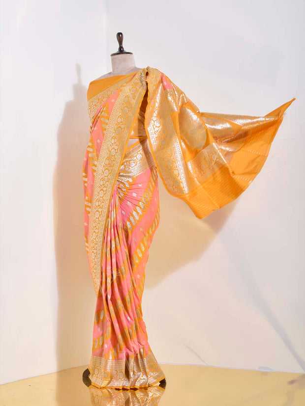 Yellow And Peach Banarasi Silk Saree