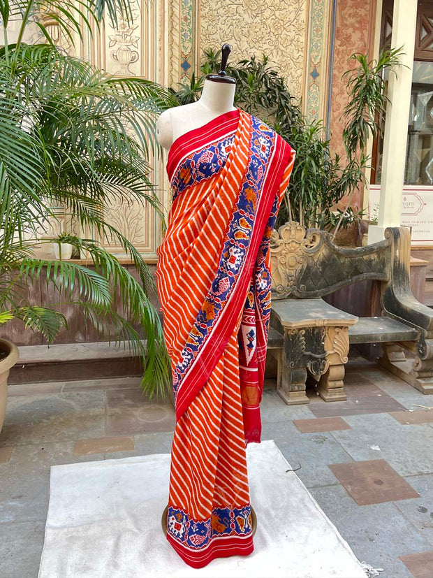 Orange And Blue Pue Silk Patola Saree