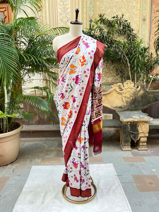 Cream Pue Silk Patola Saree