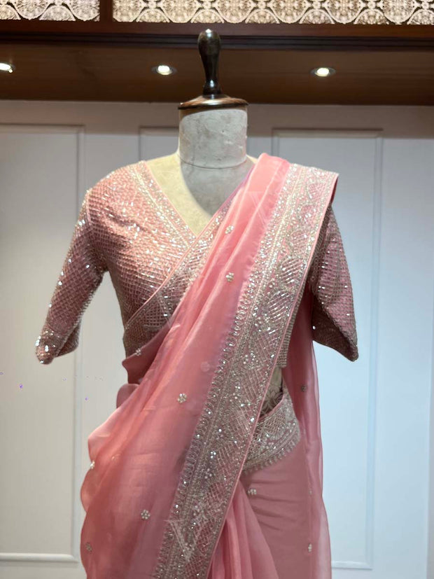 Peach Pink Organza Saree