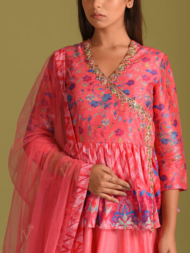 Brick Pink Silk Kailidar Peplum Top & Dupatta