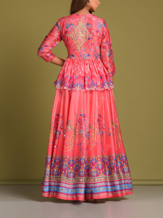 Brick Pink Silk Kailidar Peplum Top & Dupatta