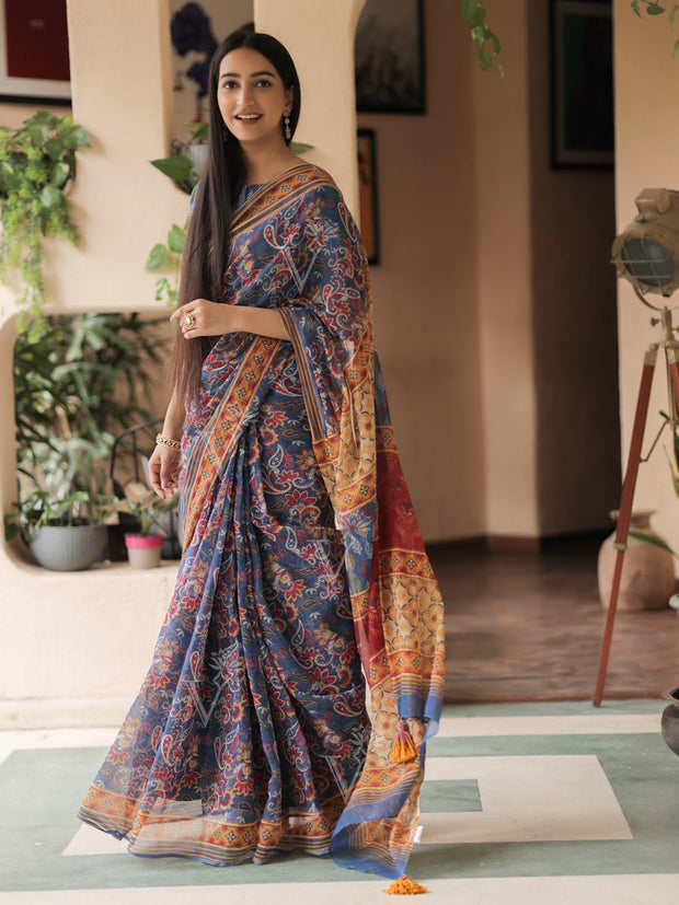 Blue Printed Kota Doria Saree