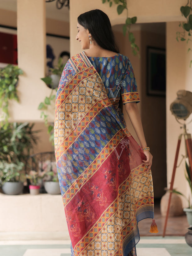 Blue Printed Kota Doria Saree