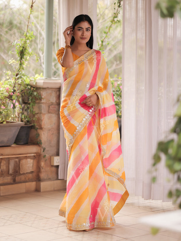 Yellow and Pink Kota Silk Leheriya Gota Patti Saree