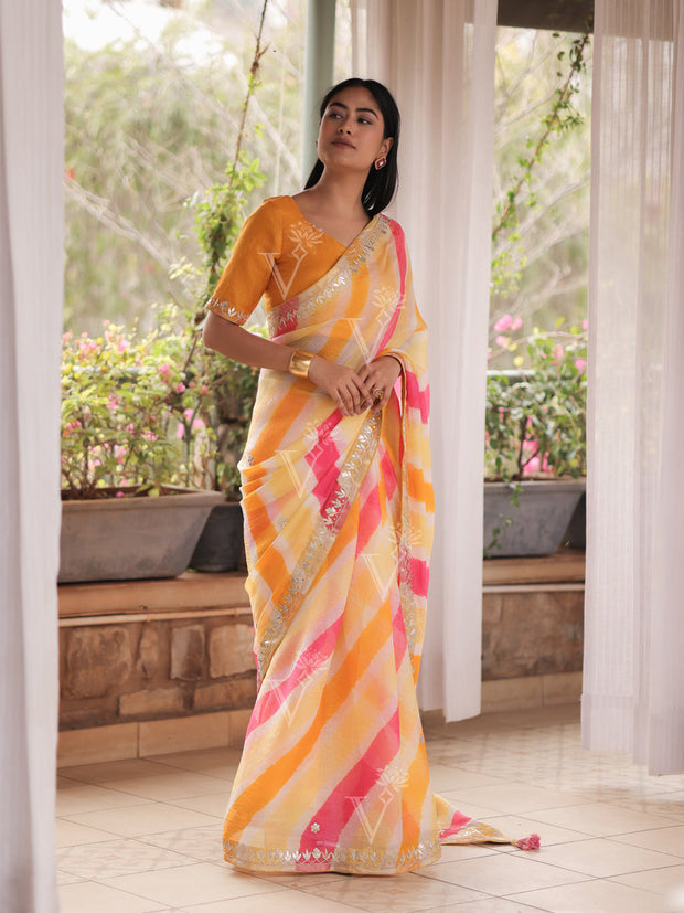 Saree , kota silk , Summer , kota silk , gota patti, leheriya ,Pink , yellow