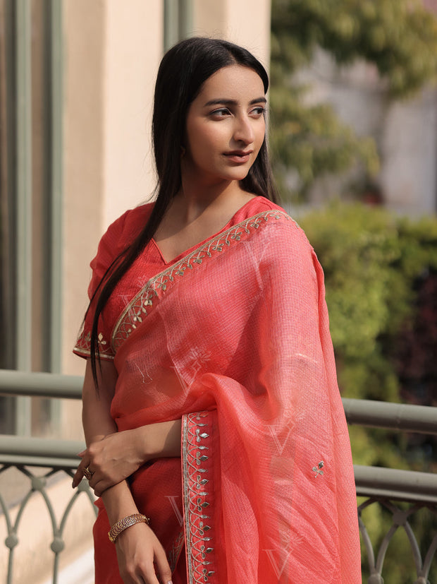 Carrot Red Kota Silk Gotta Patti Saree