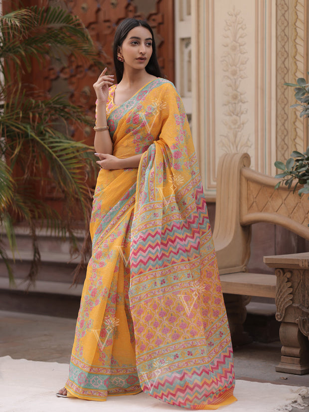 Yellow Kota Doria Printed Saree