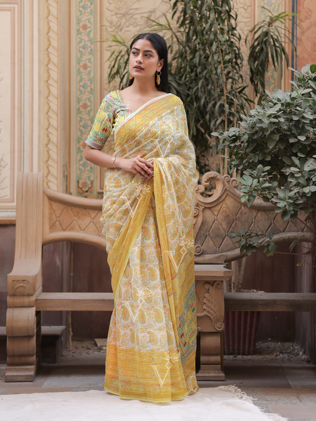 Lime Green Printed Kota Doria Saree