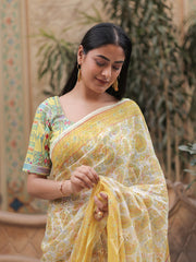 Lime Green Printed Kota Doria Saree