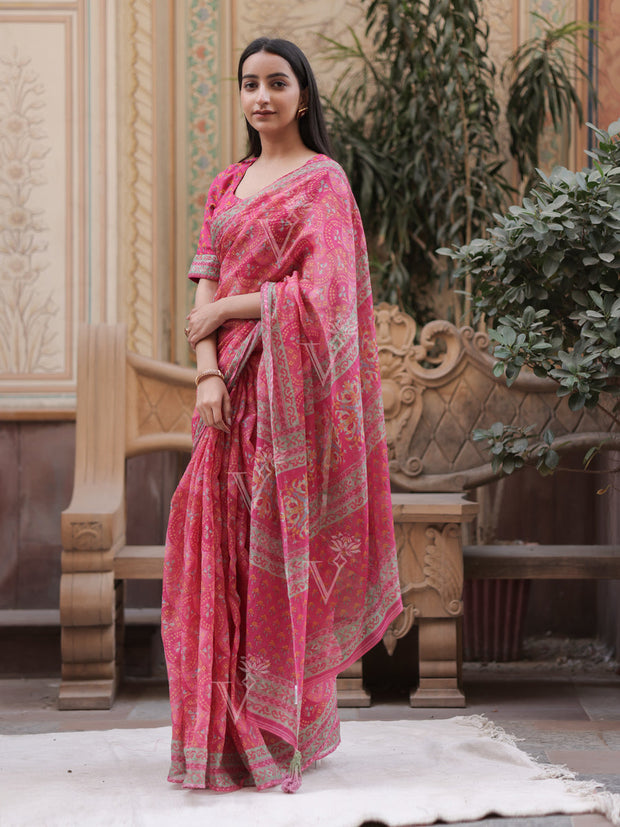 Pink Printed Kota Doria Saree