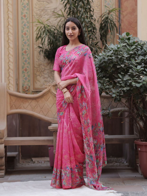 Pink Printed Chiffon Saree