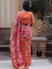 Orange and Pink Printed Chiffon Saree