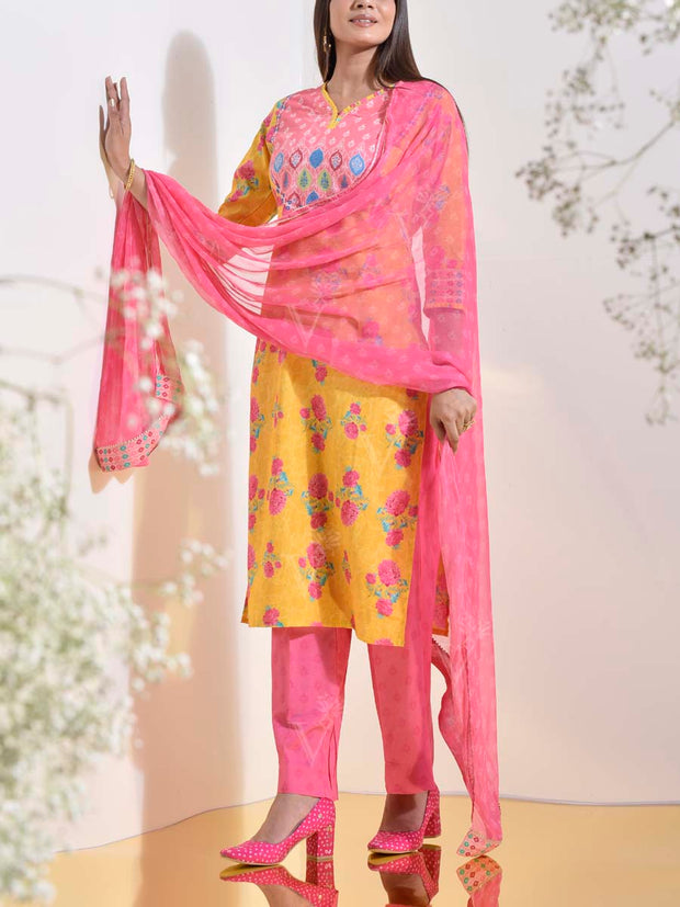 Yellow and Pink Vasansi Silk Printed Suit Set