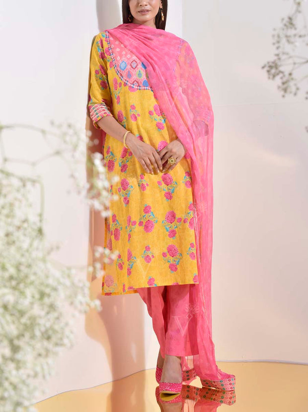 Yellow and Pink Vasansi Silk Printed Suit Set