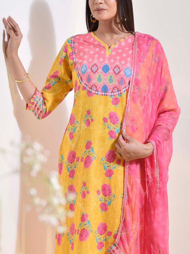 Yellow and Pink Vasansi Silk Printed Suit Set