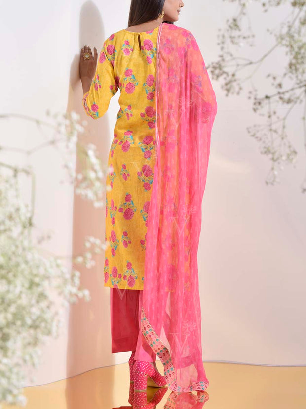 Yellow and Pink Vasansi Silk Printed Suit Set