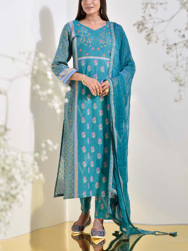 Ocean Blue Dobby Cotton Printed Suit Set