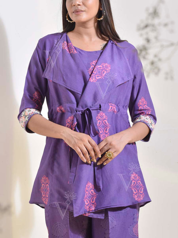 Purple Vasansi Silk Jacket with Bustier Pant Set