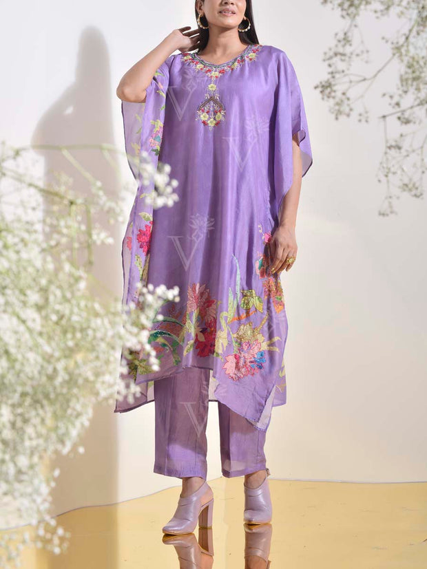 Lilac Vasansi Silk Embroidered Kaftan Set