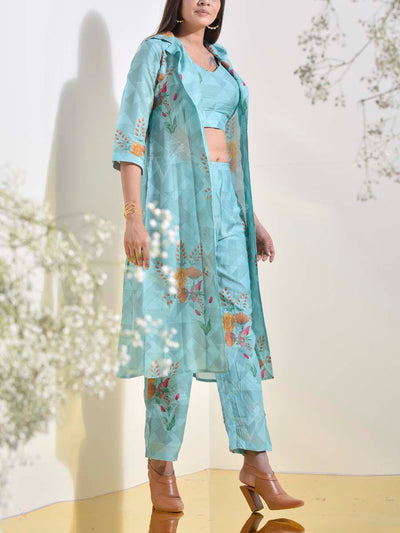 Aqua Blue Vasansi Silk Jacket with Bustier Pant Set