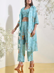 Aqua Blue Vasansi Silk Jacket with Bustier Pant Set