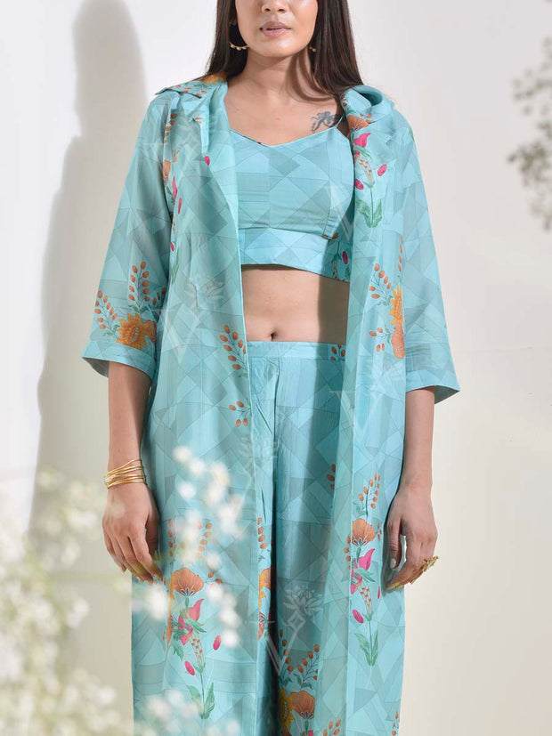 Aqua Blue Vasansi Silk Jacket with Bustier Pant Set