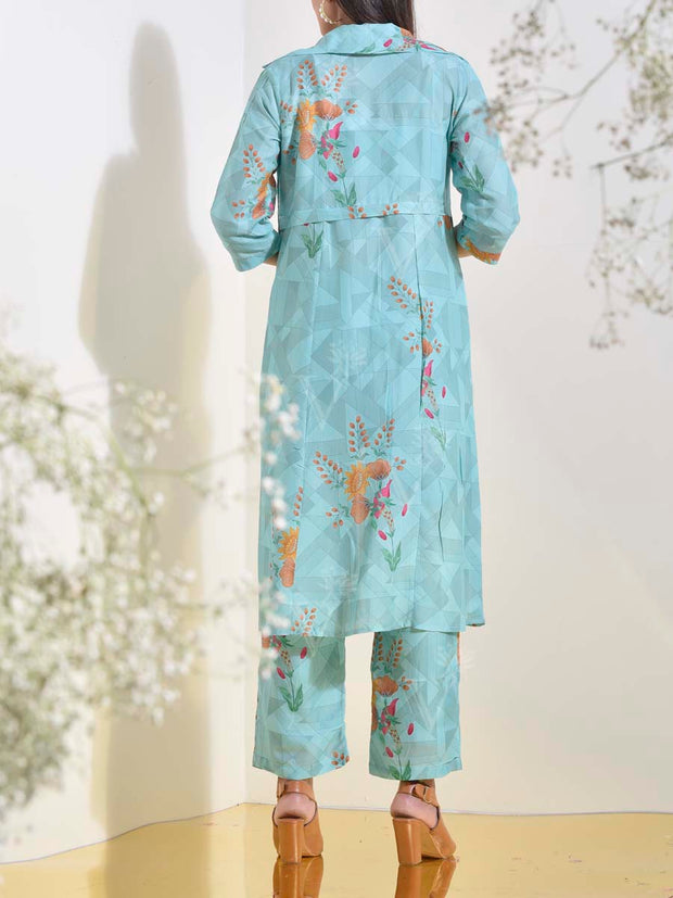 Aqua Blue Vasansi Silk Jacket with Bustier Pant Set