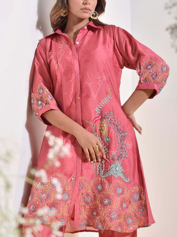 French Pink Vasansi Silk Embroidered Co-ord Set