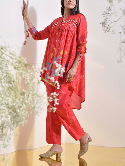 Red Vasansi Silk Printed Leheriya Printed Co Ord Set