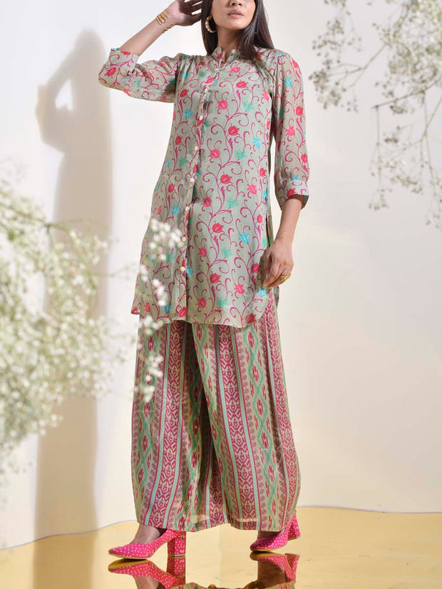 Tea Green Floral Printed Georgette Co Ord Set